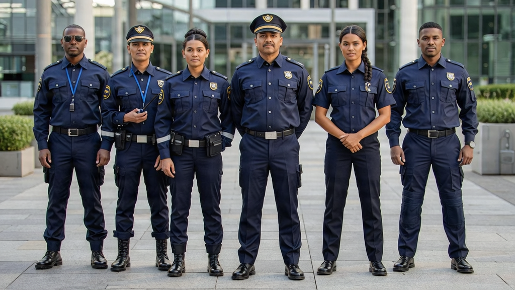 Group shot of Indian security guards and supervisors in uniform.