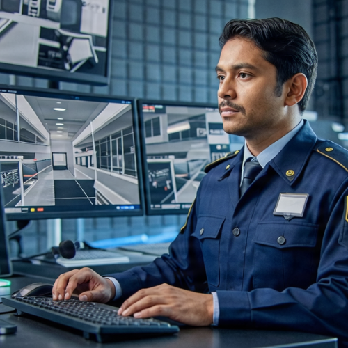 Indian security guard at a checkpoint or CCTV control room.