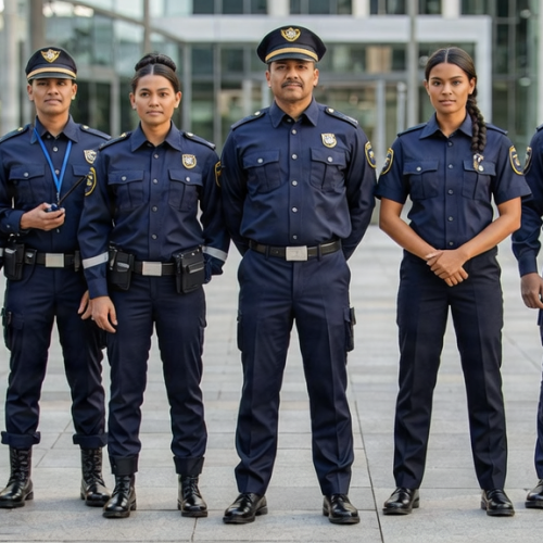 Group shot of Indian security guards and supervisors in uniform.